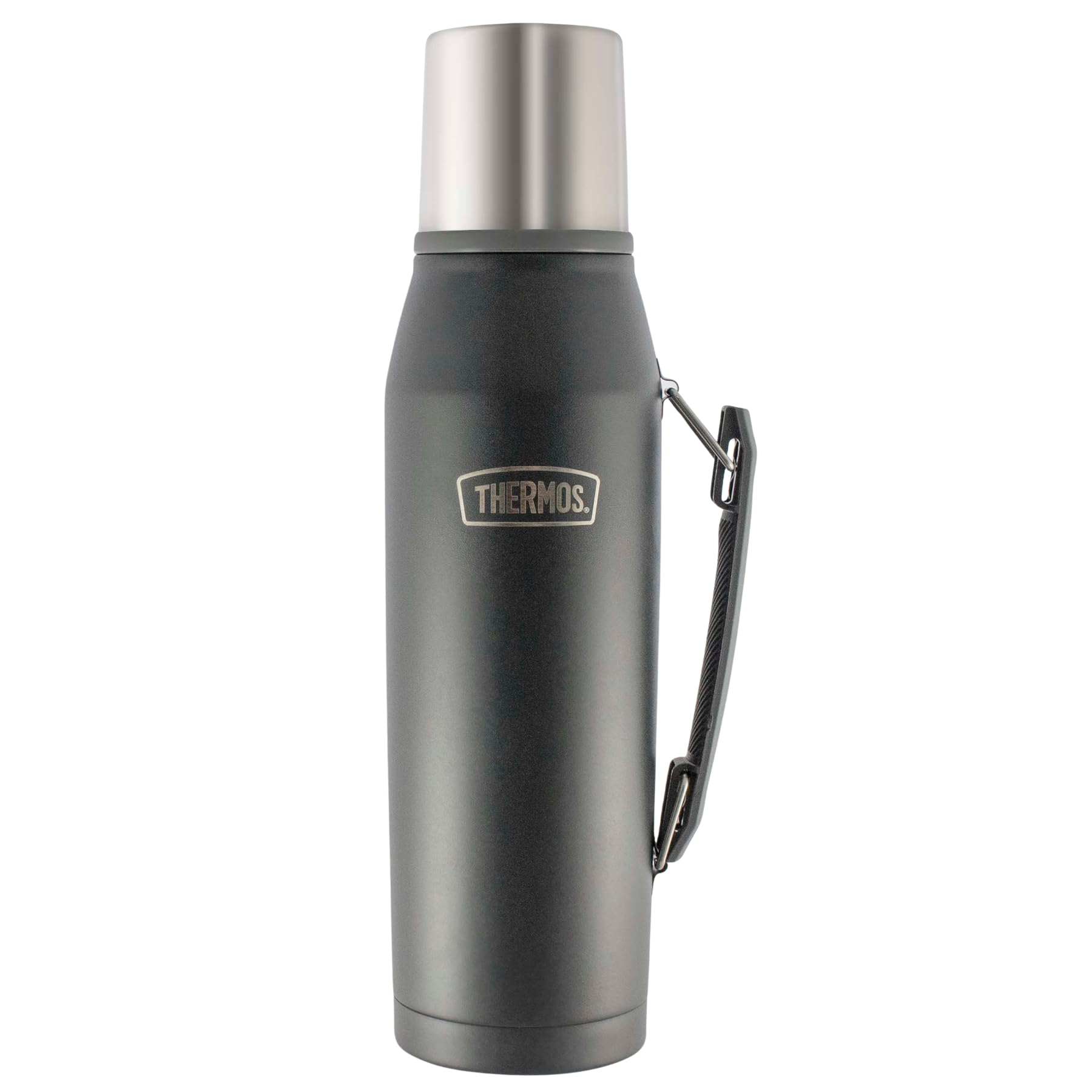 THERMOS - CORTINA - Botella isotérmica de acero inoxidable con mango y base antideslizante, tratamiento True-Coat, 1,3 l (Matte Gray)
