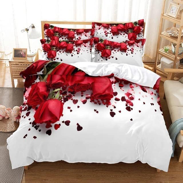 Funda Nordica Cama 135/150 Rosas Rojas, Funda Nórdica 240x220 Tema Romántico Fundas de Edredón Impresión 3D Ropa de Cama de Microfibra Transpirable con 2 Fundas de Almohada B-2753