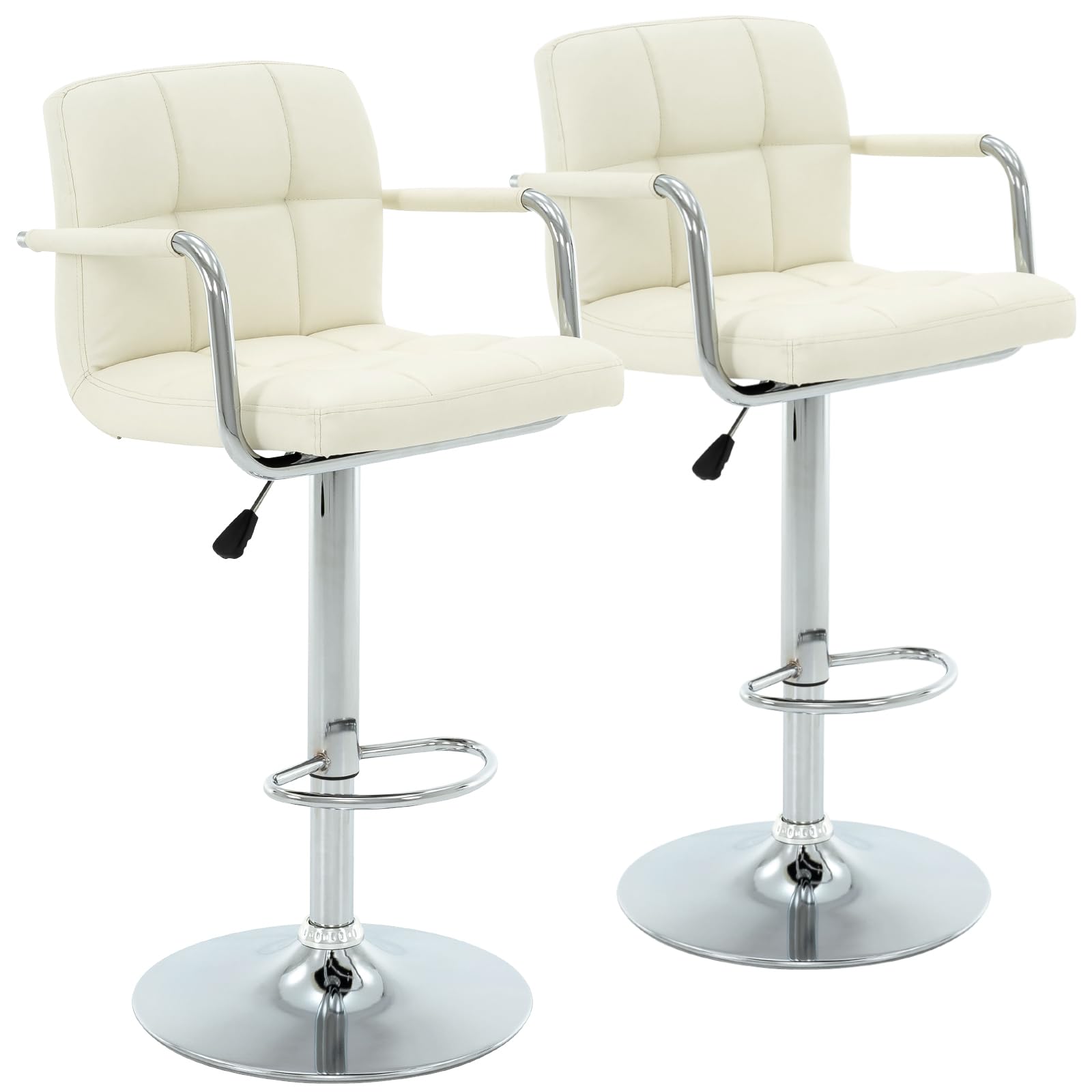 Vogue Furniture Direct Modern PU Leather Square Bar Stools, Adjustable Swivel Barstools with Back and Arms, Airlift Counter Height Chairs for Kitchen Dining Pub Cafe Set of 2 (Ivory, Chrome Base)