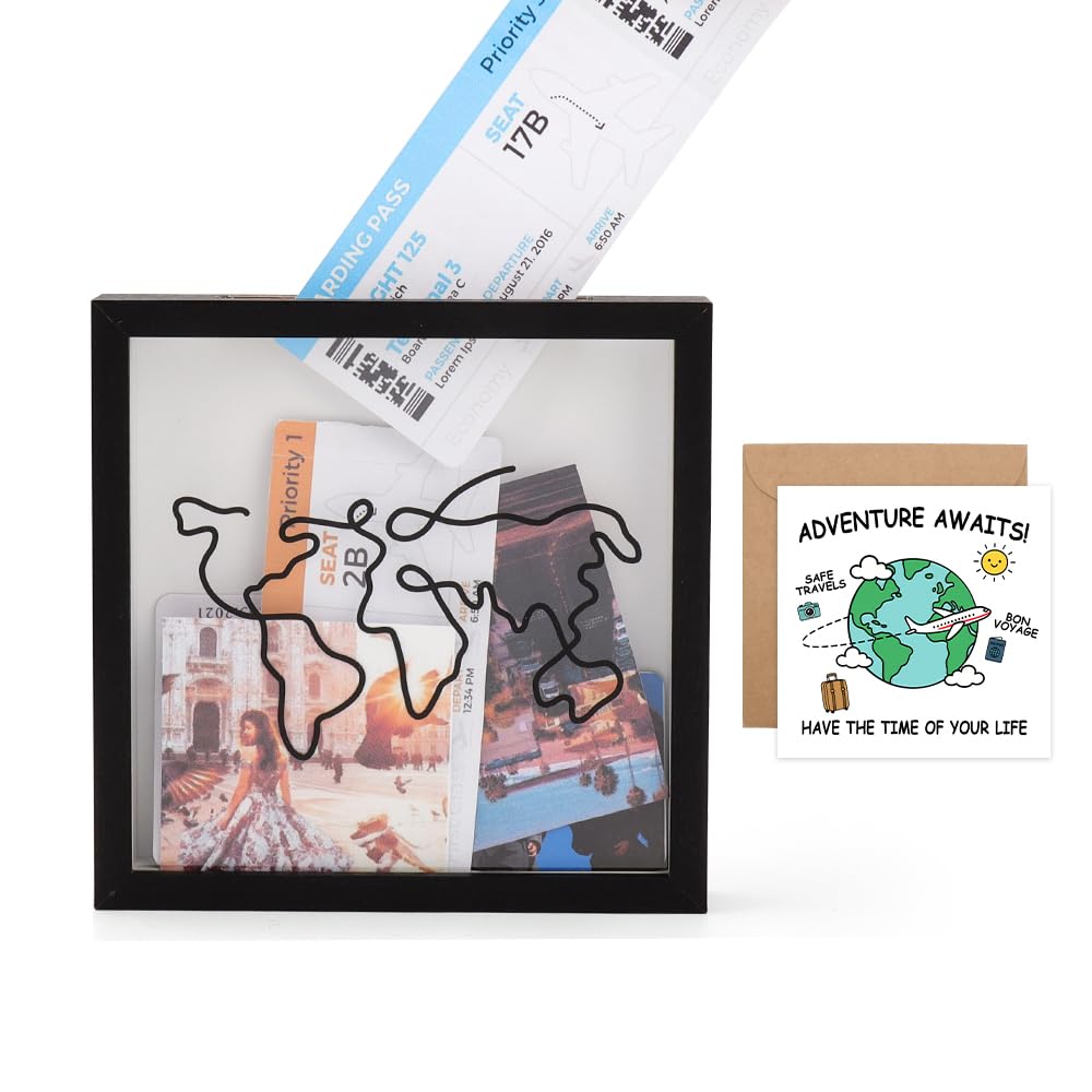FIDWALL Travel Memory Keepsake Box Frame & Greeting Card Gift Set, 20x20cm/8x8in Shadow Box for Tickets, Photos & Postcards, Wall or Tabletop Display. (Black)