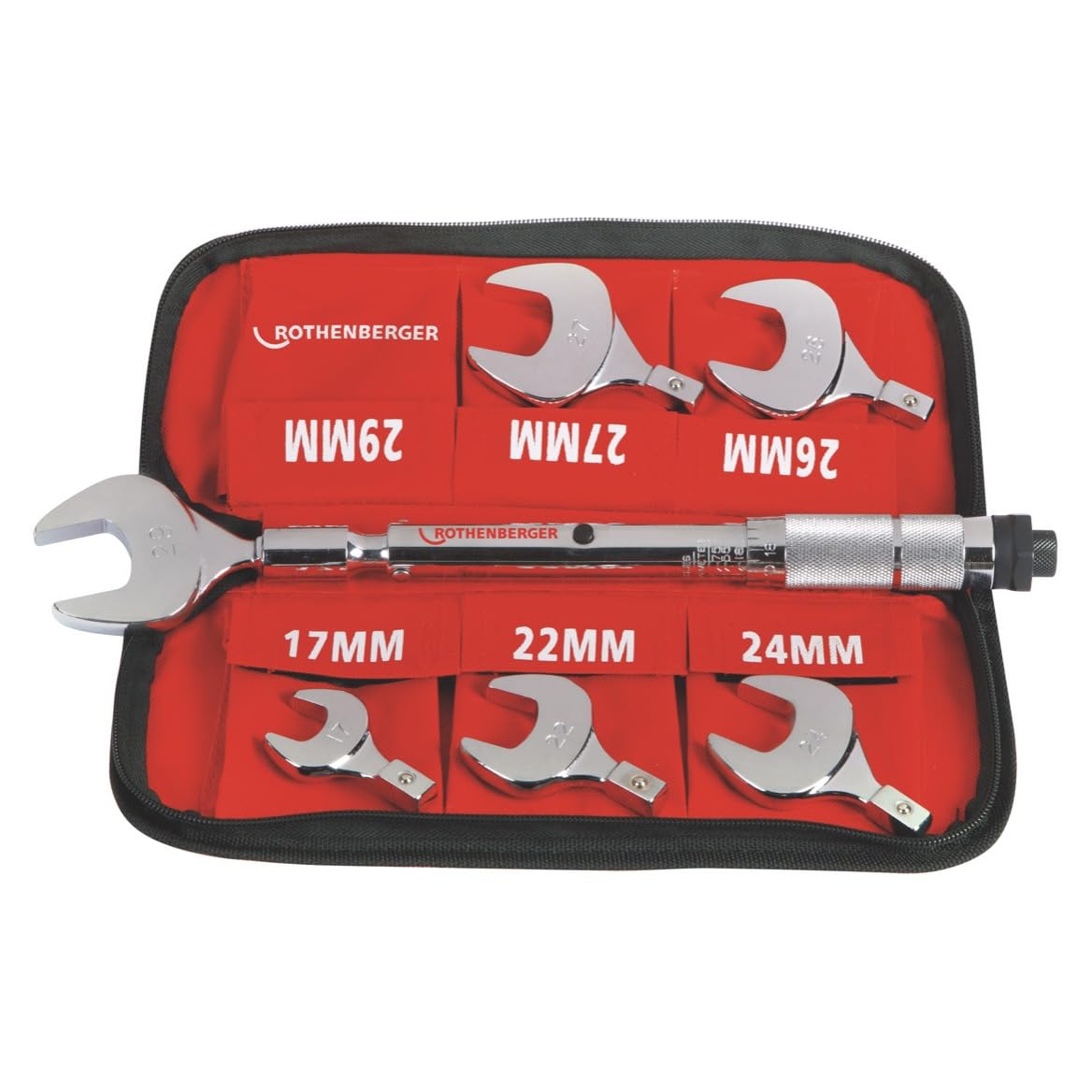 Rothenberger Drehmoment-Gabelschlüssel-Set, 17mm-22mm-24mm-26mm-27mm-29mm Wechselbare Einsätze | 175001 | Rohrzange, Zange für Rohre