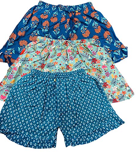 Image of Ukal Rayon Printed Frill Shorts for Women and Girls Casual Wear Night Wear Daily Use Summer Shorts with Pockets (Pack of 3)