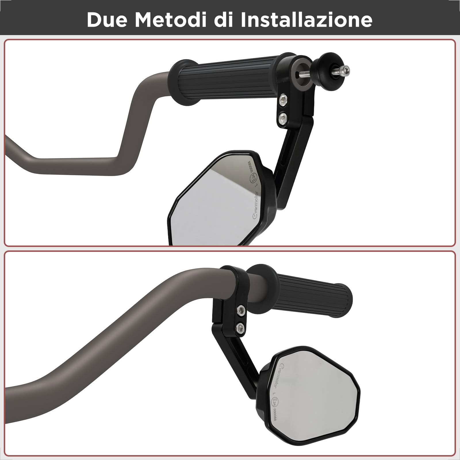 evermotor Specchietti Moto Omologati, E24, 360° Specchietti Moto Manubrio, Montaggio su Manubrio Ø22mm e Ø25,4mm, Universale, 2 pezzi