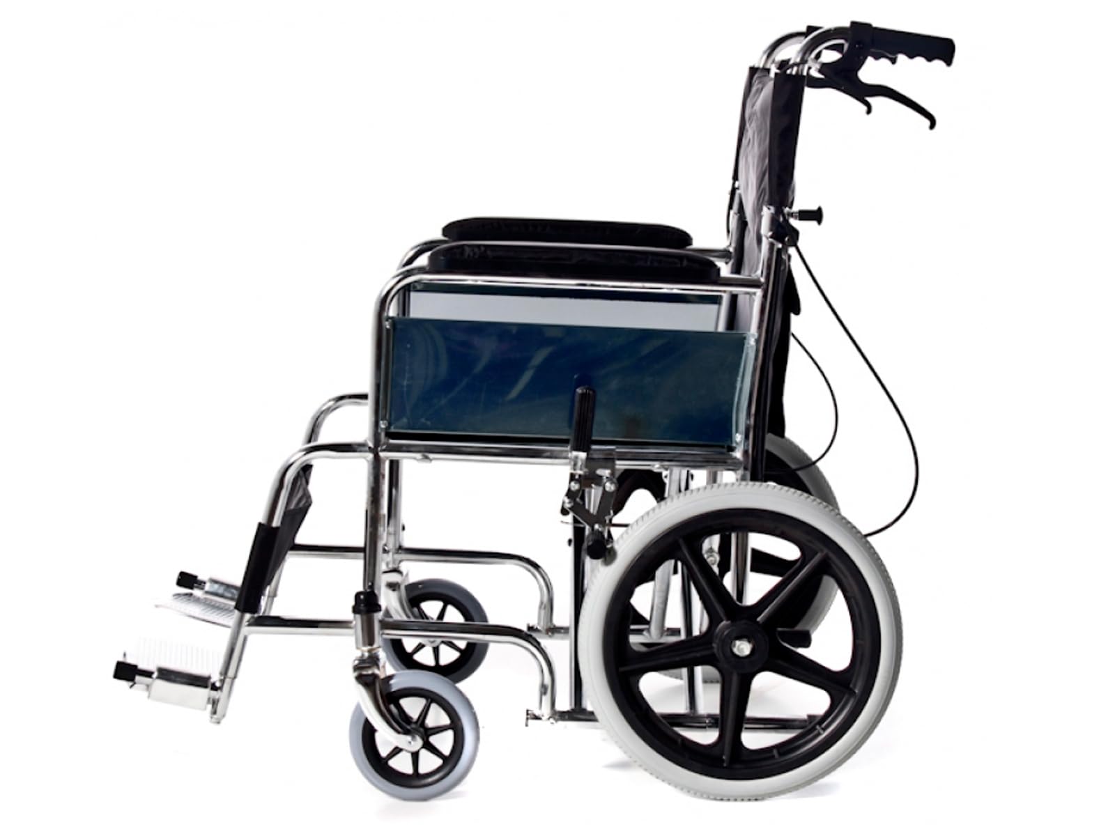 QUIRUMED Silla de ruedas plegable de acero cromado para transporte, traslado, Ligera, Frenos de maneta y frenos de mano, Respaldo abatible, Fácil plegado, Para mayores, Para minusválidos
