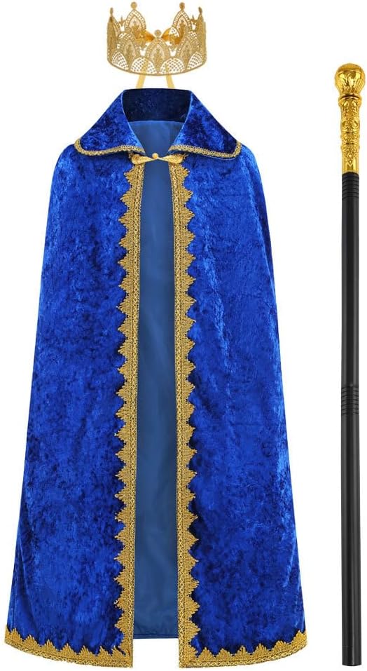Kids King Costume Set - Crown, Robe, Scepter - Halloween 3-Piece Size M/43inch Blue