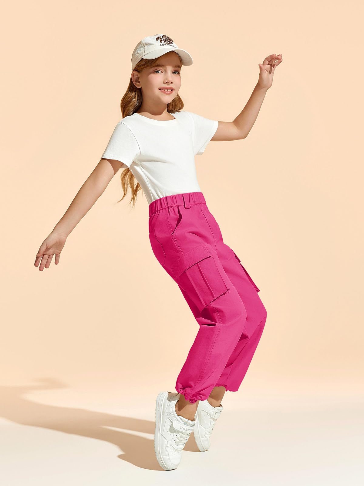 Haloumoning Pantaloni cargo da ragazza, casual, larghi, gamba larga, elastico in vita, pantaloni da jogging con tasche, 5-14 anni