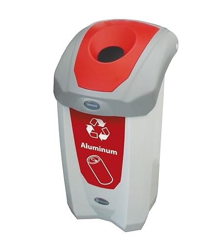 Glasdon Nexus - Contenedor de reciclaje de latas de aluminio 8G (gris, calcomanía roja), contenedor de reciclaje de plástico de 8 galones para latas