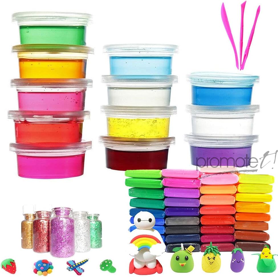Promote Joy Clay Kit - 12 pcs Clear DIY Cloud Fluffy Slime Making Kit for Boys Girls with Glitter Accessories and 48 Air Dry Clay Gift Set| Sensory Toys for Boys, Kids+ Free Stickers