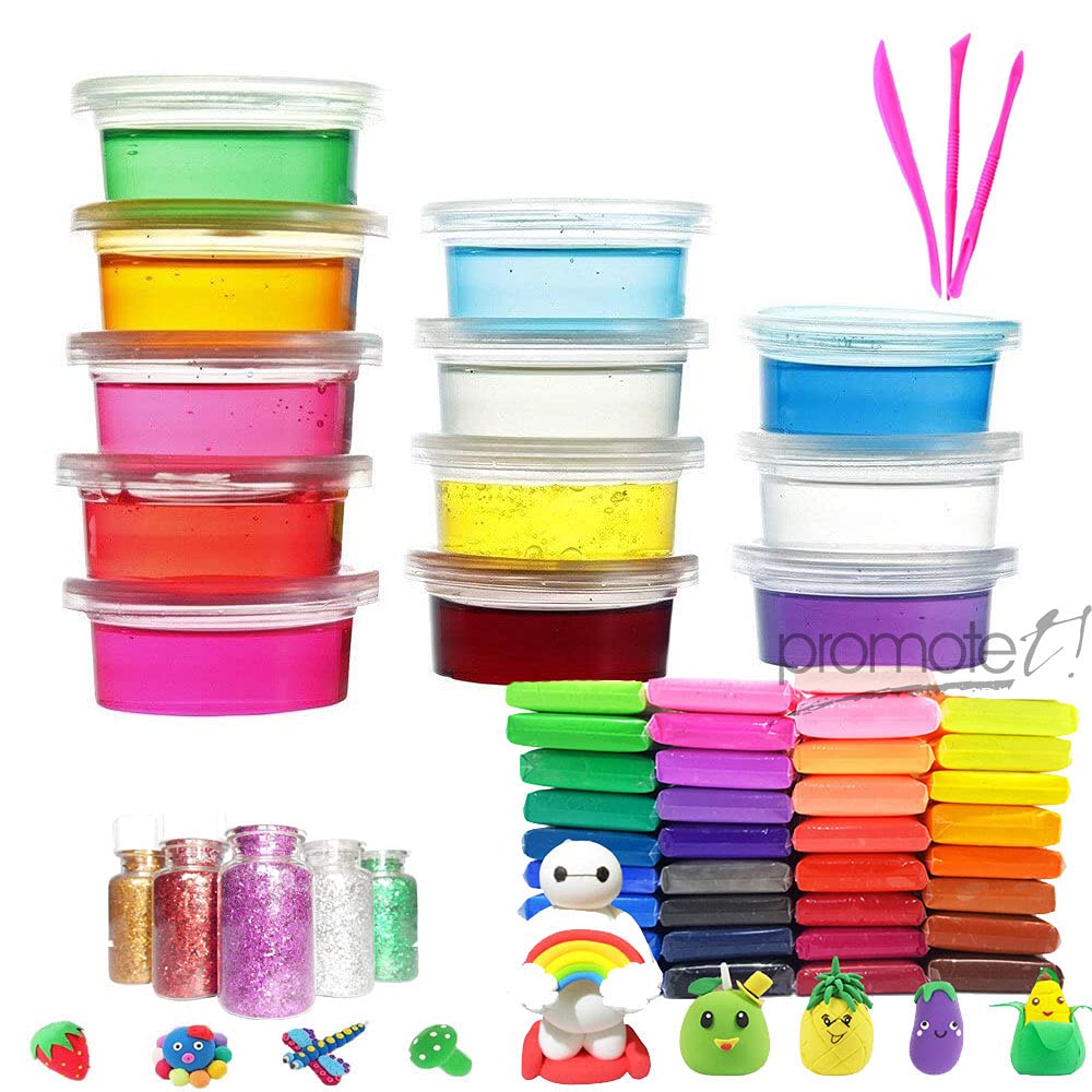 Promote Joy Clay Kit - 12 pcs Clear DIY Cloud Fluffy Slime Making Kit for Boys Girls with Glitter Accessories and 48 Air Dry Clay Gift Set| Sensory Toys for Boys, Kids+ Free Stickers