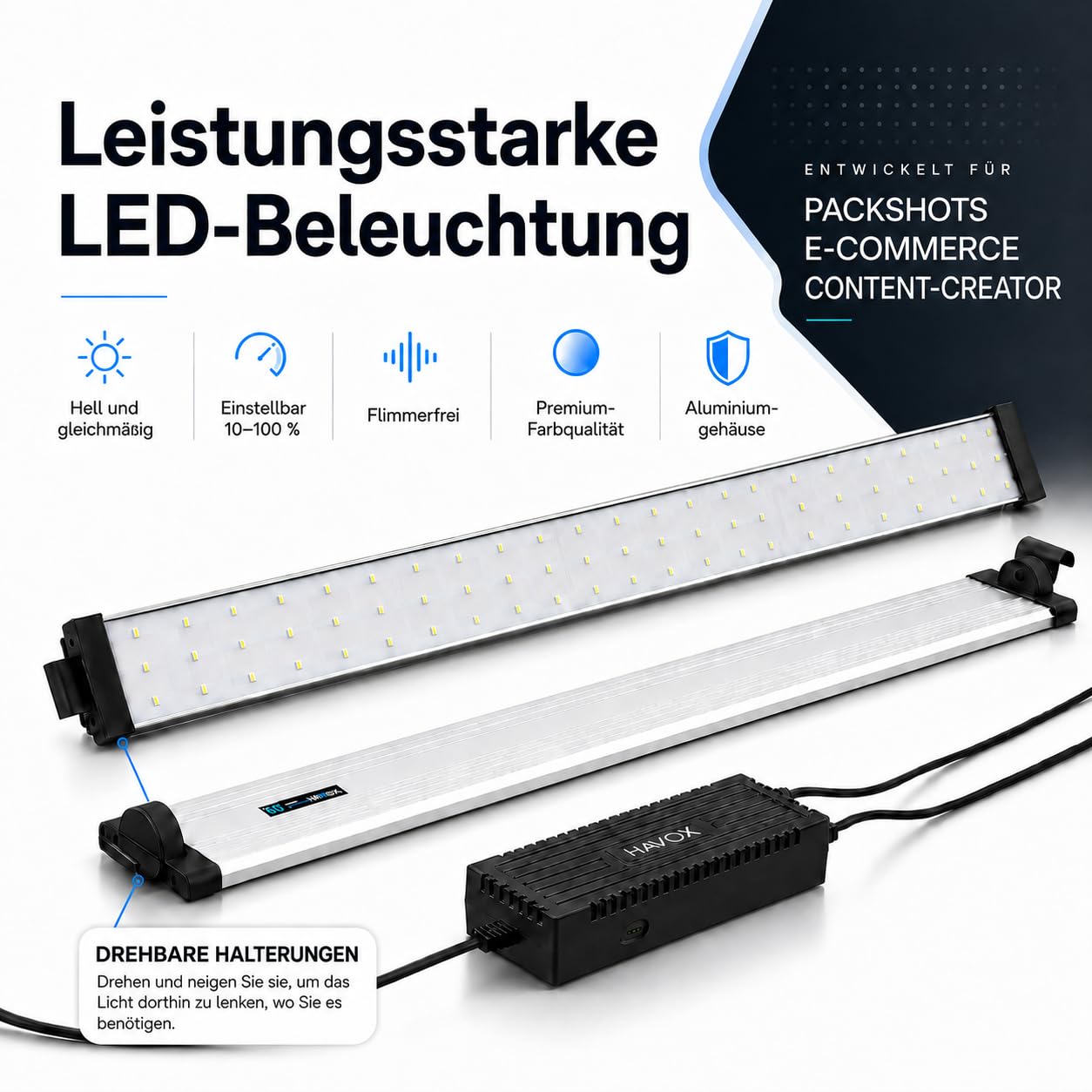 HAVOX Fotostudio HPB-60XD – 60x60x60cm Lichtbox 26000lm mit 240 LEDs – Großes Fotozelt mit 4 verstellbaren Panels – Mini Fotostudio für Kleidung, Schuhe, Produktfotografie