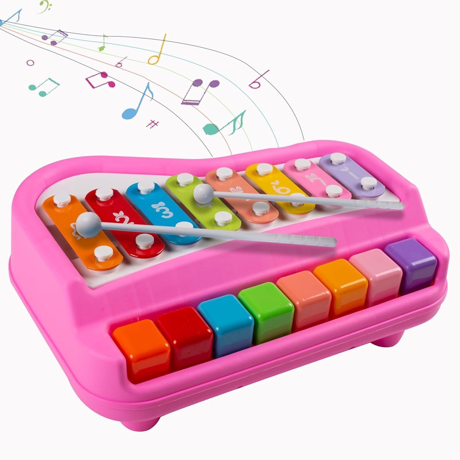 Kids 8 Xylophone Piano Toy 2-in-1 Musical Learning Instrument with Hammer & Sticks, Colorful Educational Toy for Toddlers Boys & Girls (Pink)-picture-15