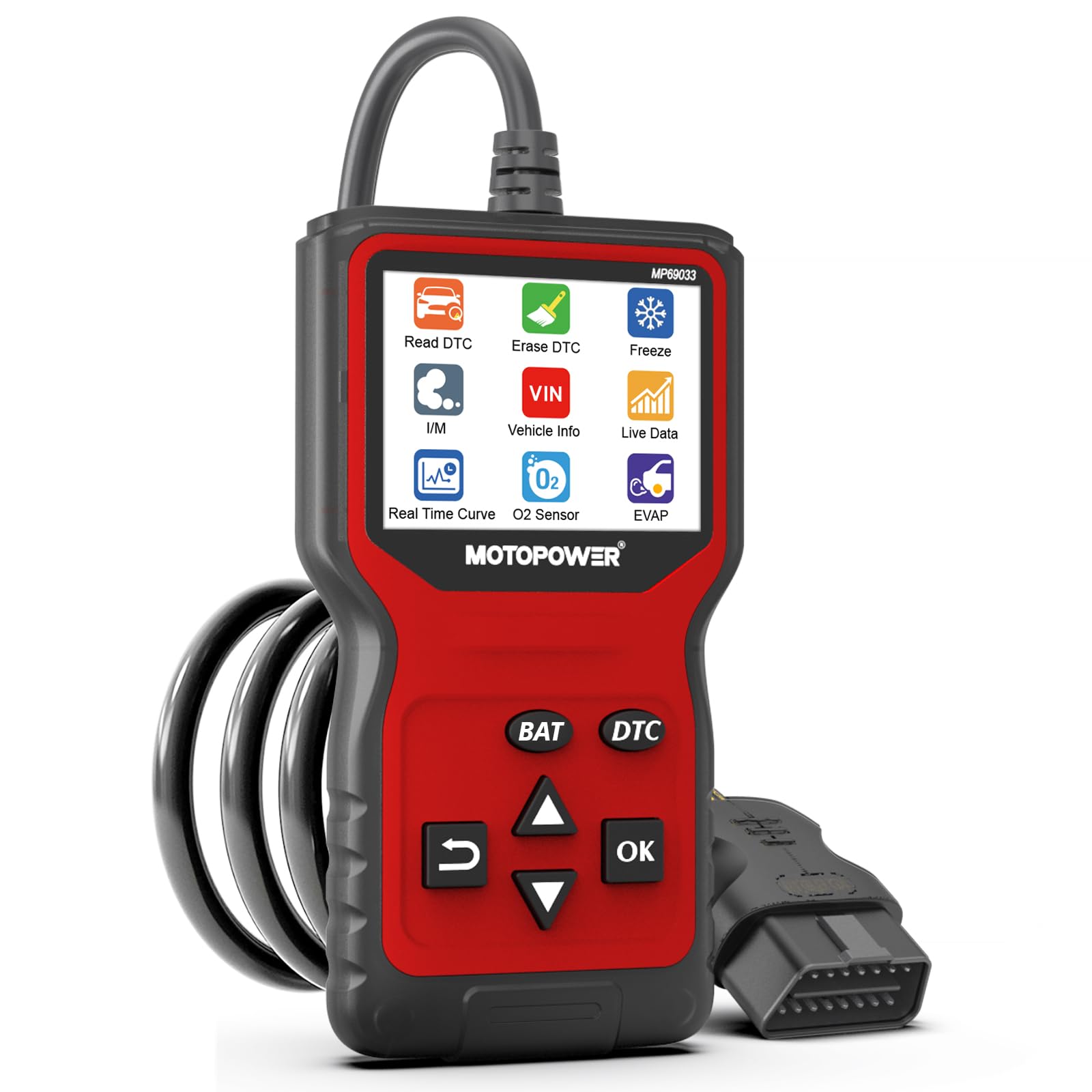 MOTOPOWER MP69033 Pro OBD2 Scanner Code Reader Check Engine Fault Light Diagnostic Scan Tool with Battery Tester, Red Edition