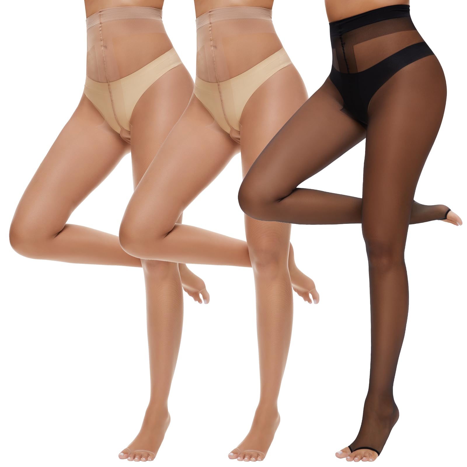 Manzi Women's 2Natural+1Black 3 Pairs Toeless Tights Comfort 10 Denier Ultra Thin Soft Sheer Open Toe Pantyhose Nylons For 2Natural 1Black M