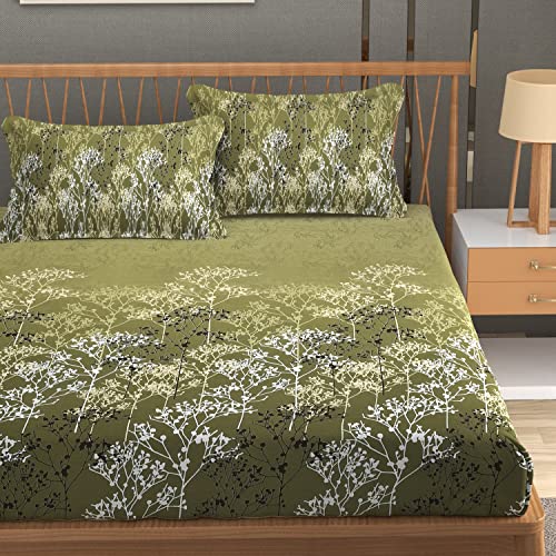 Image of Mafatlal 186 TC Cotton Bedsheet King Size | 108 x 108 Inches | Lightweight Breathable Summer Comfort | Soft Fabric with 2 Pillow Covers | Autumn Delight | Garden Green