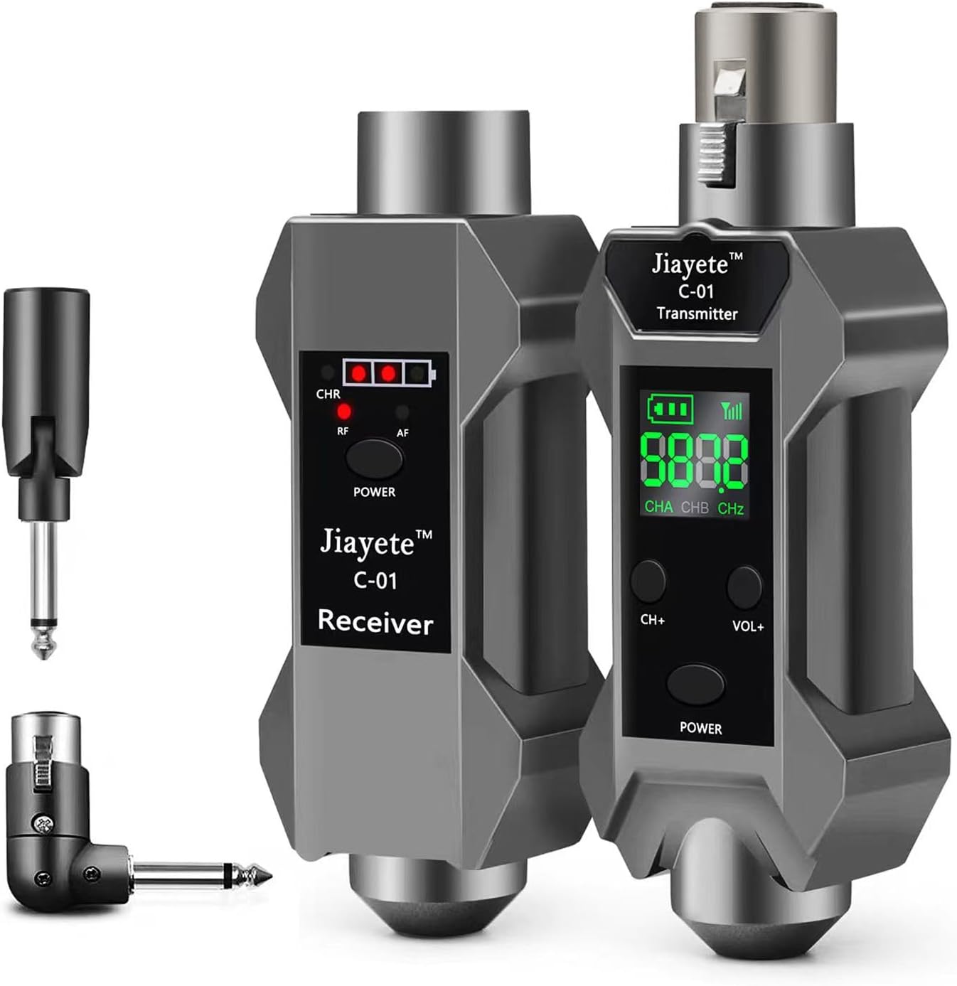 UHF Wireless XLR Transmitter & Receiver, Dynamic Microphone Adapter, 8 Hours Use Time, 16 Channels, 164 Feet Range, Dark Gray, Suitable for Bass, Guitar, Audio Mixer, PA System