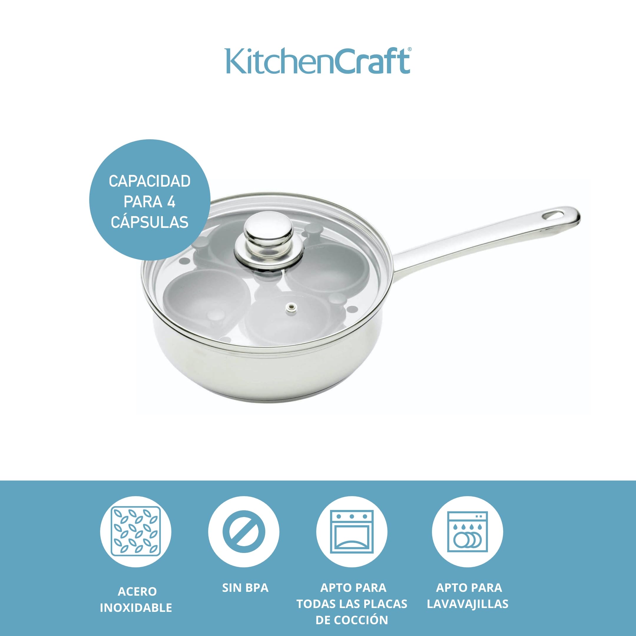 KitchenCraft 4 Egg Poacher Pan in Gift Box, Non Stick and Induction Safe, Stainless Steel, 20.5 cm