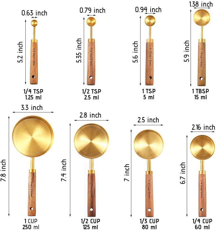 8 Piece Gold Measuring Cups and Spoons Set, Fragrant Wood Handle with Metric and US Measurements, Stainless Steel Measuring Cups for Kitchen, Cooking, Baking, Dry & Liquid