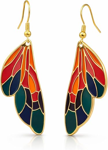 Madalasa Gold Enamel Wing Dangle Earrings for Women | Multicolour Mosaic Feather Design | Party, Office, Date Night & Fest...