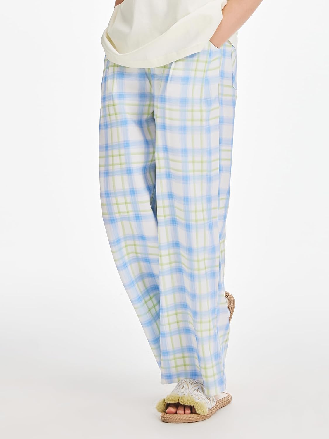 Girls Plaid Gingham Pants Elastic High Waisted Wide Leg Long Pants Trousers