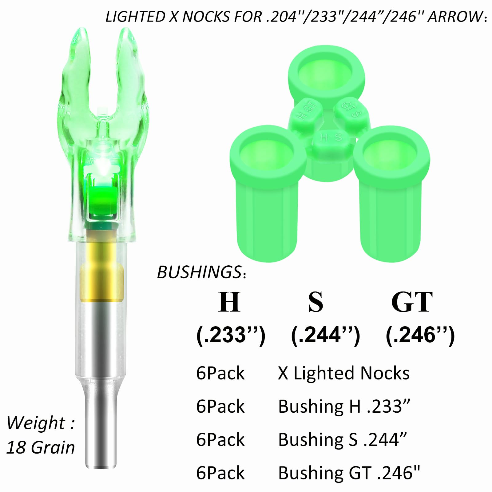 ACDSHOT 6PCS X Lighted Nocks for Arrows with .204 .233 .244 .246 Inside Diameter with H, S, GT Bushings LED Light up Knocks