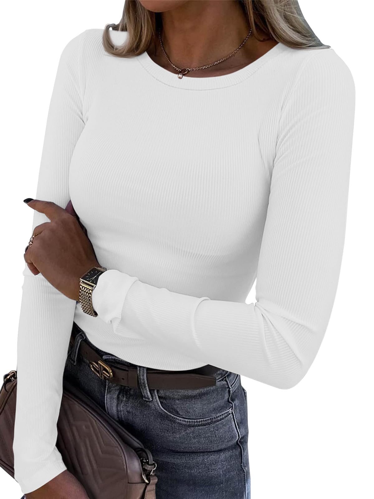 ATHMILE Womens Long Sleeve Crewneck Ribbed Tops Fitted Stretch Casual Basic T Shirts 2025