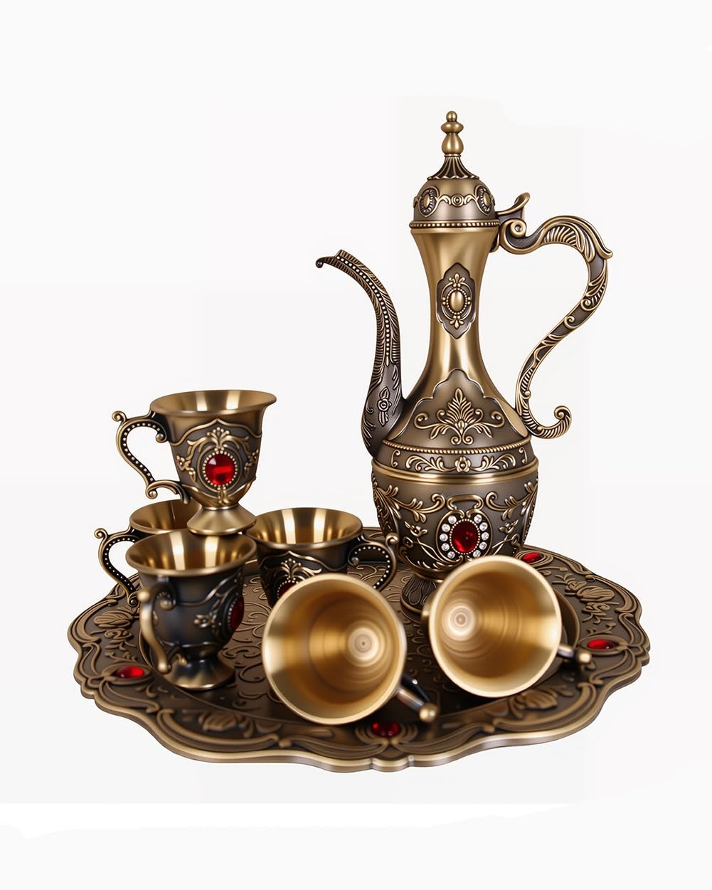 Vintage Turkish Coffee Pot Cups Set with Tray and 6 Cups Retro Coffee Pot Cups Set Exquisite Wine Pot Set Decorative Vintage Tea Service Set for Home Party Decor (Retro Color)