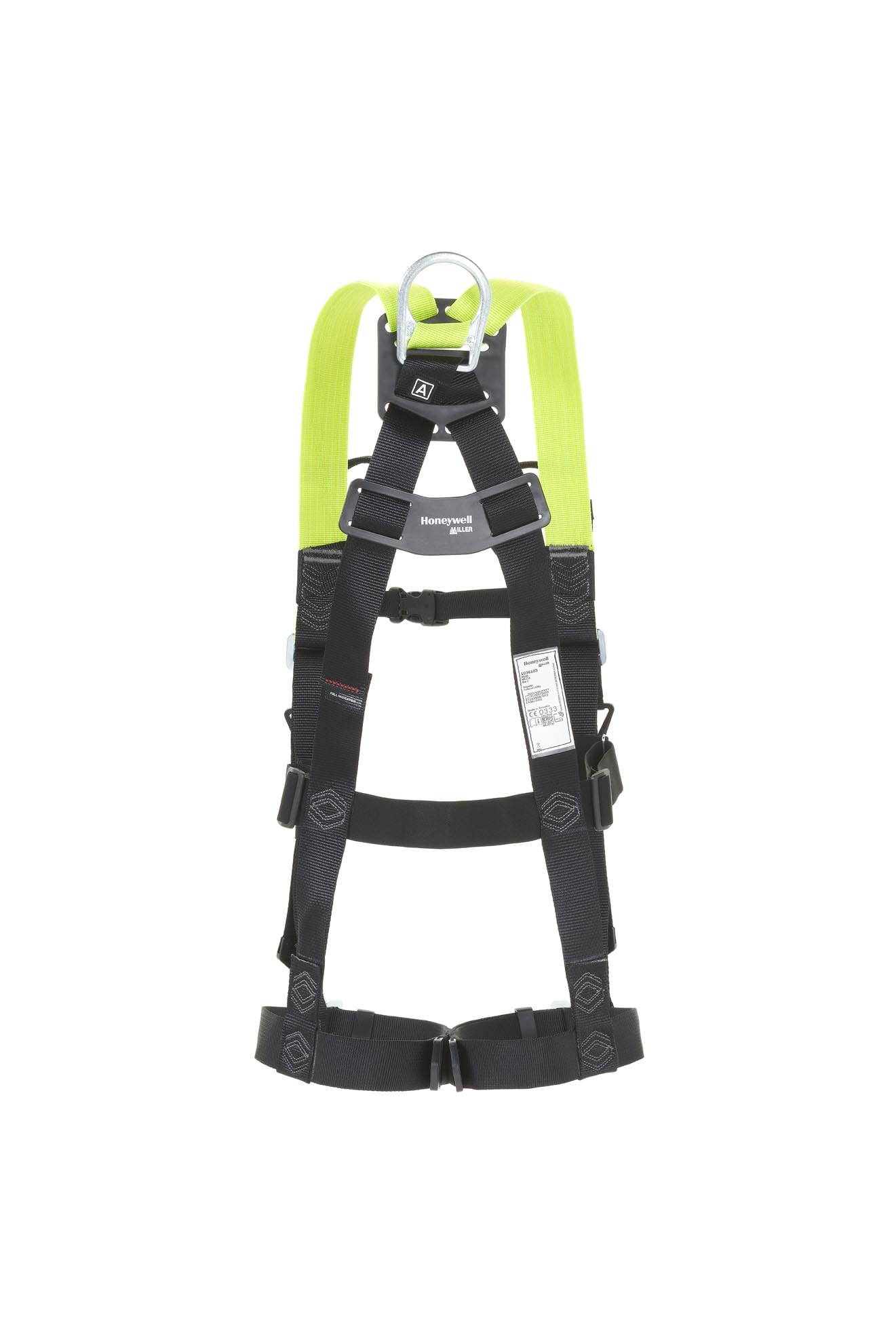 MILLER Honeywell Imbracatura integrale H500 Industrial Standard IS5 con fibbie automatiche per gambe a sgancio rapido, fibbie toraciche a clip automatica, peso 140 kg, verde agrumi, misura 1, 1036113