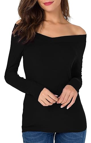 Sarin Mathews Womens Shirts Off The Shoulder Tops Sexy V Neck Slim Fit Shirts Tops Blouses - XX-Large - Black