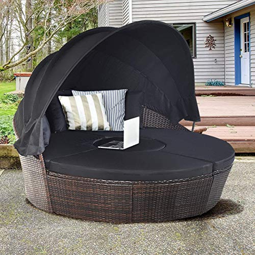 HAPPYGRILL Patio Furniture Set Outdoor Rattan Wicker Round Daybed with Retractable Canopy Sectional