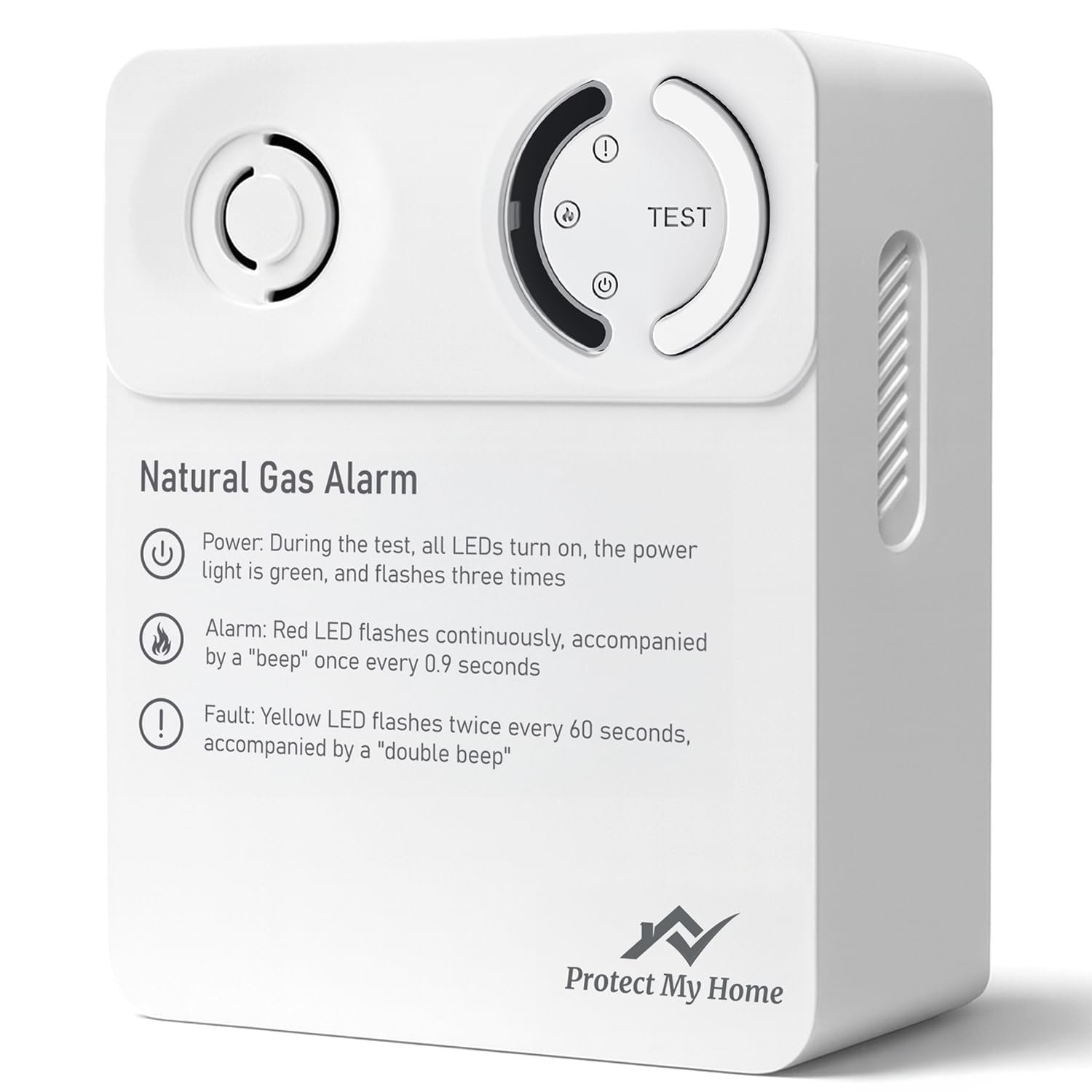 Protect My Home Natural Gas Detector - 10-Year Built-in Battery - Wall or Pipe Mounted Indoor Air Quality Monitor for RV & Kitchen - LED Indicators & Speaker Alerts - ETL-Certified, No Plug-in Needed