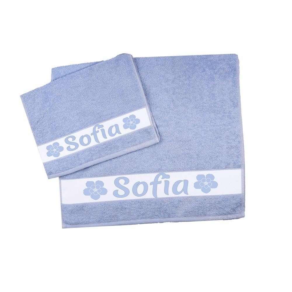 MAGIE DI CASA Asciugamani PERSONALIZZATI CON NOME, Set 2 Pezzi Spugna Da Bagno Spugna, Viso + Ospite Cotone 100% Made In Italy (GRIGIO, FIORE - 2