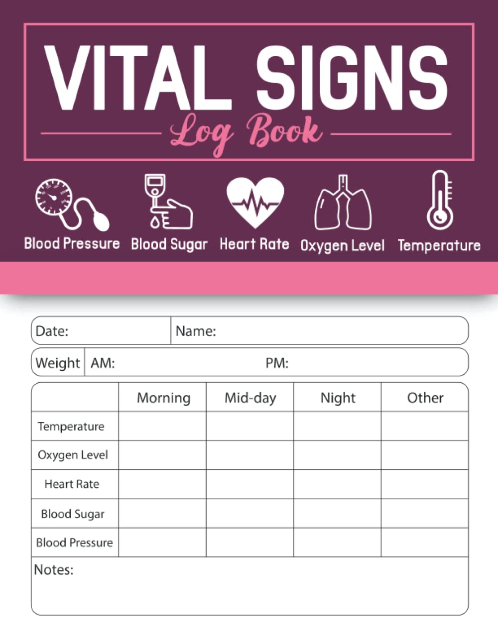 Vital Signs Log Book: Journal for Tracking Weight, Heart Pulse Rate, Temp, Blood sugar, Blood pressure & Oxygen Saturation.., Personal Health Record Keeper , Large Print 120 Pages..