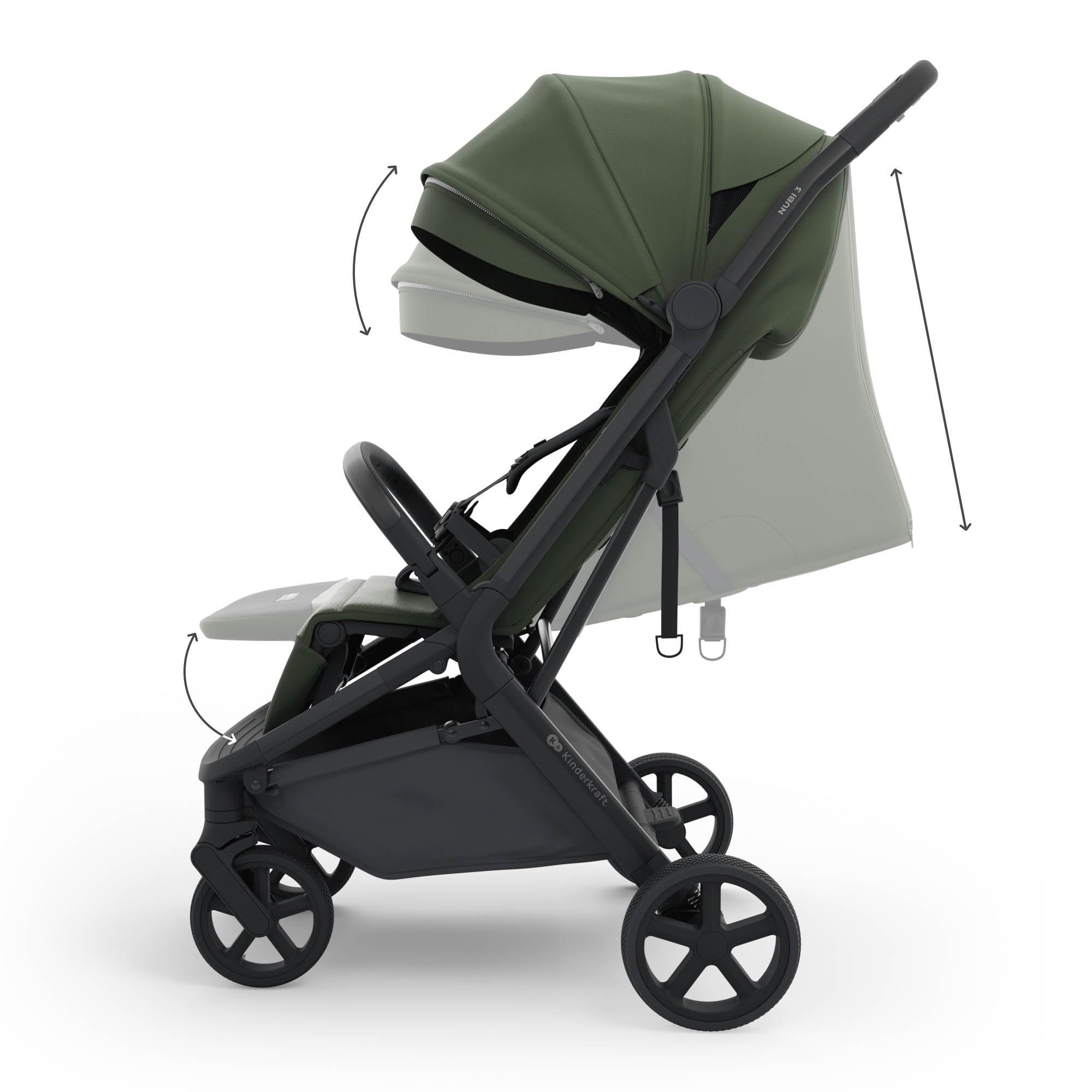 Kinderkraft NUBI 3 Silla de paseo compacta y ligera, hasta 22 kg, Buggy, con plegado automático, capota impermeable, UPF50+, Ligero 8,7 kg, posición reclinada, arnés de seguridad de 5 puntos, Verde