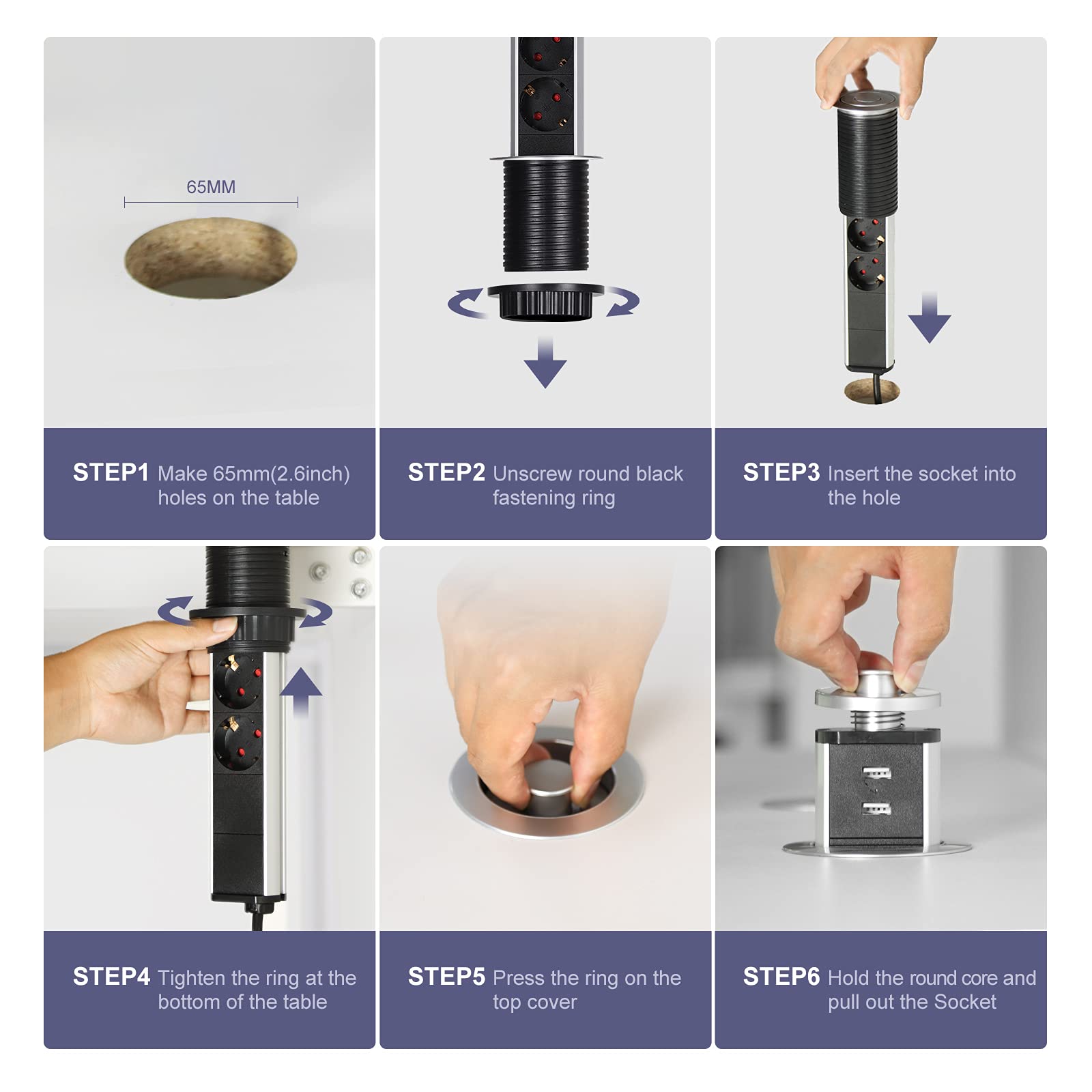 2 ciabatte multipresa a scomparsa con USB, 3 prese da incasso | Con protezione da sovratensione, cavo da 1,8 m e design salvaspazio per cucina, scrivania e home office