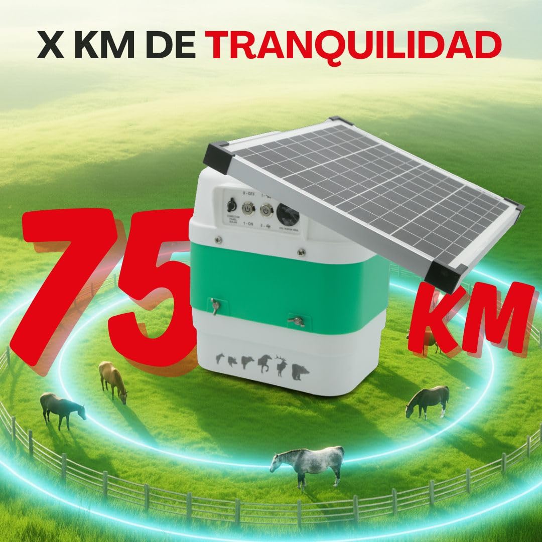 Pastor eléctrico solar Llampec Mod. B12S con panel 12V 20W incluido – 6,3 J, 10.000 V y 75 km de alcance – Ideal para ganado equino, vacuno, porcino, ovino y animales salvajes – Batería no incluída