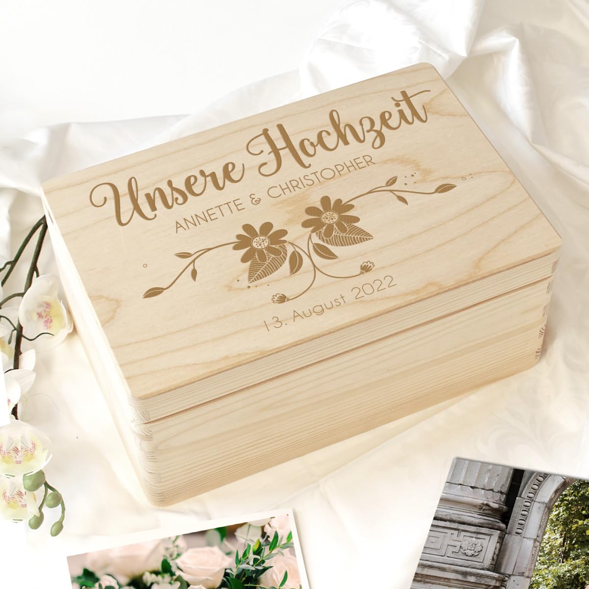 LittleStars Erinnerungskiste Blumenranken personalisiert zur Hochzeit I aus Kiefern-Holz I 40x30x23 cm