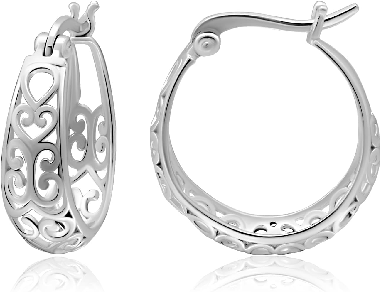 Sterling Silver High Polished Classic Filigree Round Hoop Earrings for Women