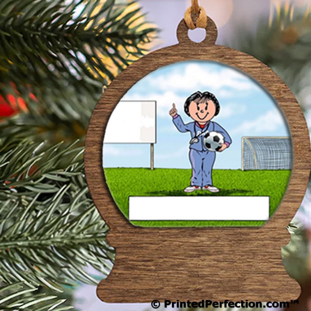 PrintedPerfection.com Personalized Coach, Soccer - Female Wooden Snow Globe Shaped Christmas Ornament