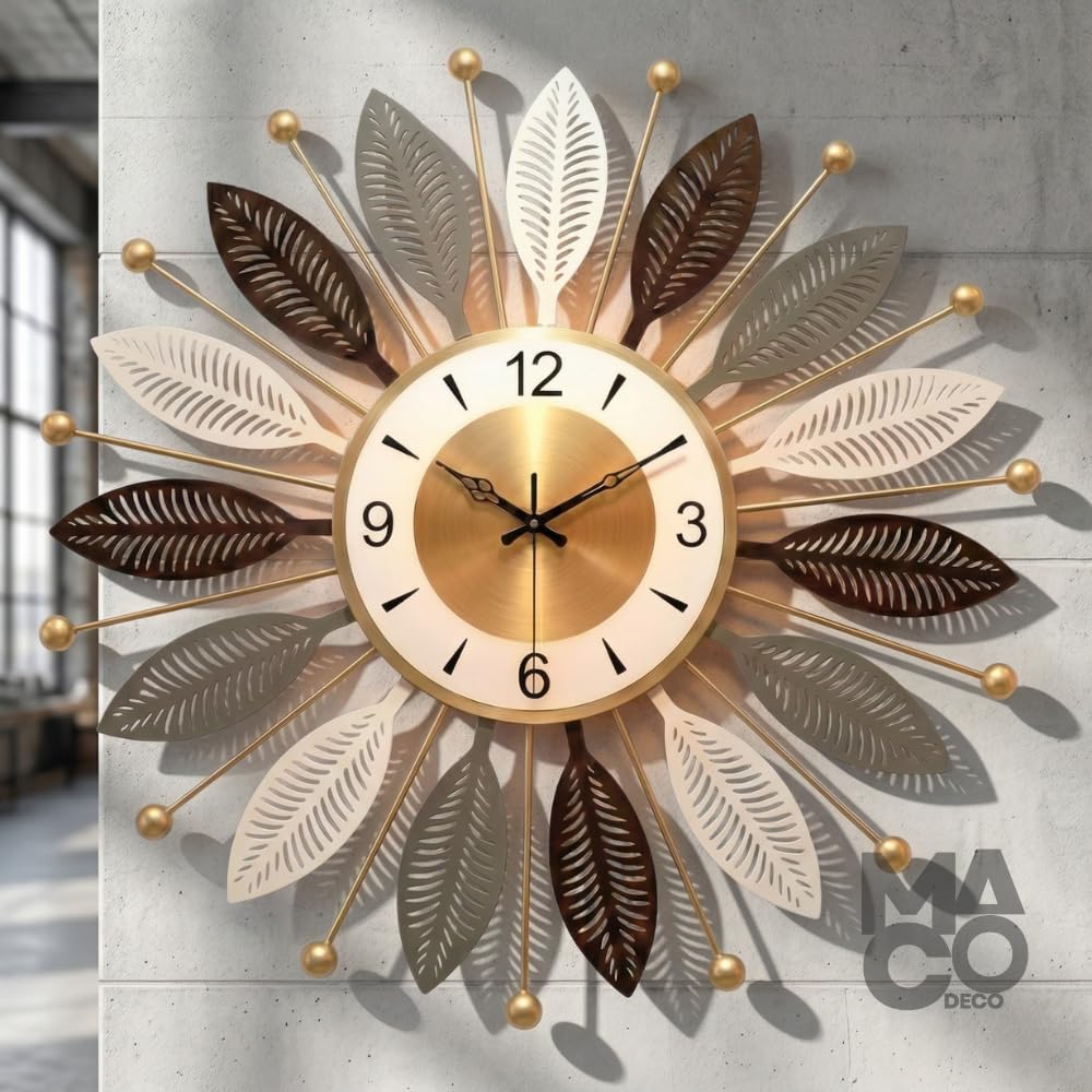 Stylish Metal Wall Clock for Living Room - Decorative Designer Fancy Large Wall Hanging Clock with Leaf Pattern for Bedroom Hall Modern Home Decor-image-27
