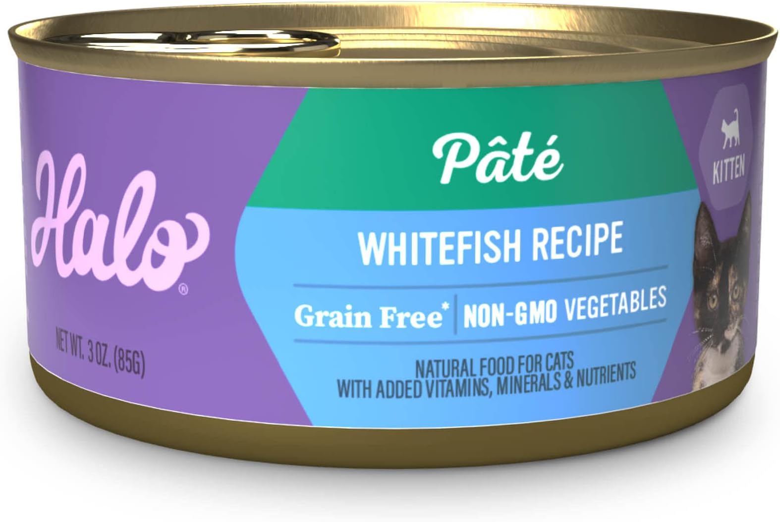 Halo Wet Kitten Food Whitefish Recipe, Grain Free Wet Cat Pate, Canned Cat Food for Extra Hydration, 3 Oz Can (Pack of 12)