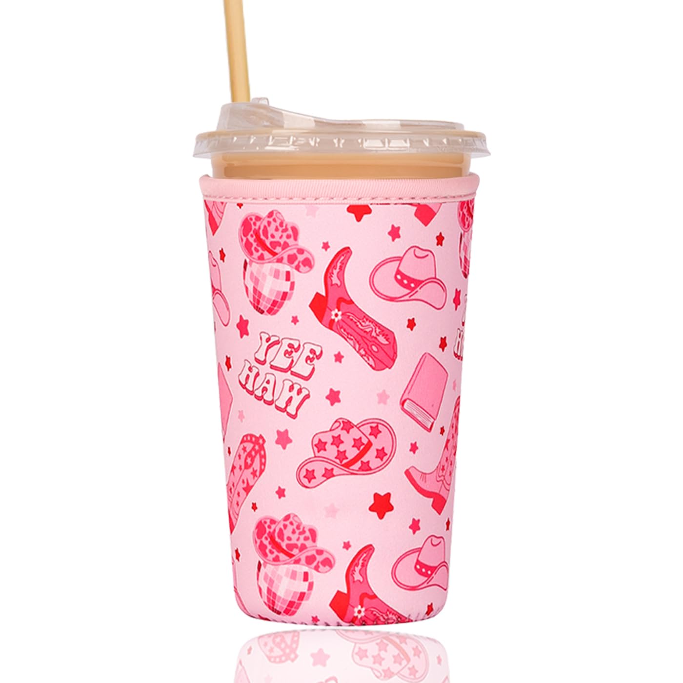 Reusable Insulated Sleeve for Iced Coffee Cup, Coffee Neoprene Sleeve for Cold &amp; Hot Drinks, Beverage Holder for Iced Coffee (Pink Cowgirl, Large: 32oz)