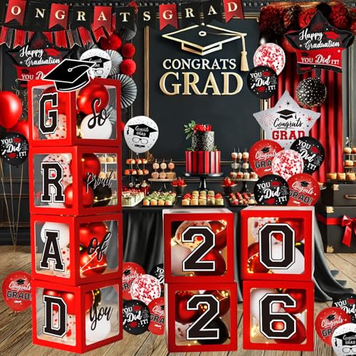 Graduation Decorations Class of 2026 - Red and Black Graduation Decorations - Balloons Boxes with Letters 2026 GRAD So Proud of You Congrats Grad Party Decorations for Any Grades