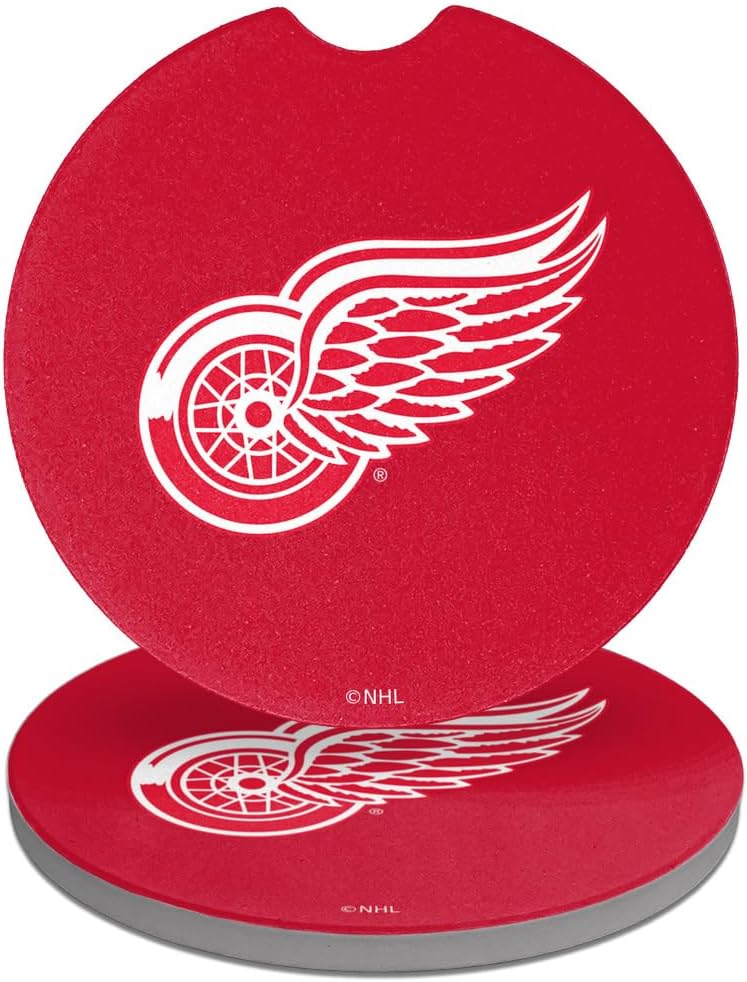 Detroit Red Wings Logo Car Coasters, Pack of 2, 2.5" Ceramic Stone, Drink Coaster for Cup Holders with Finger Notch