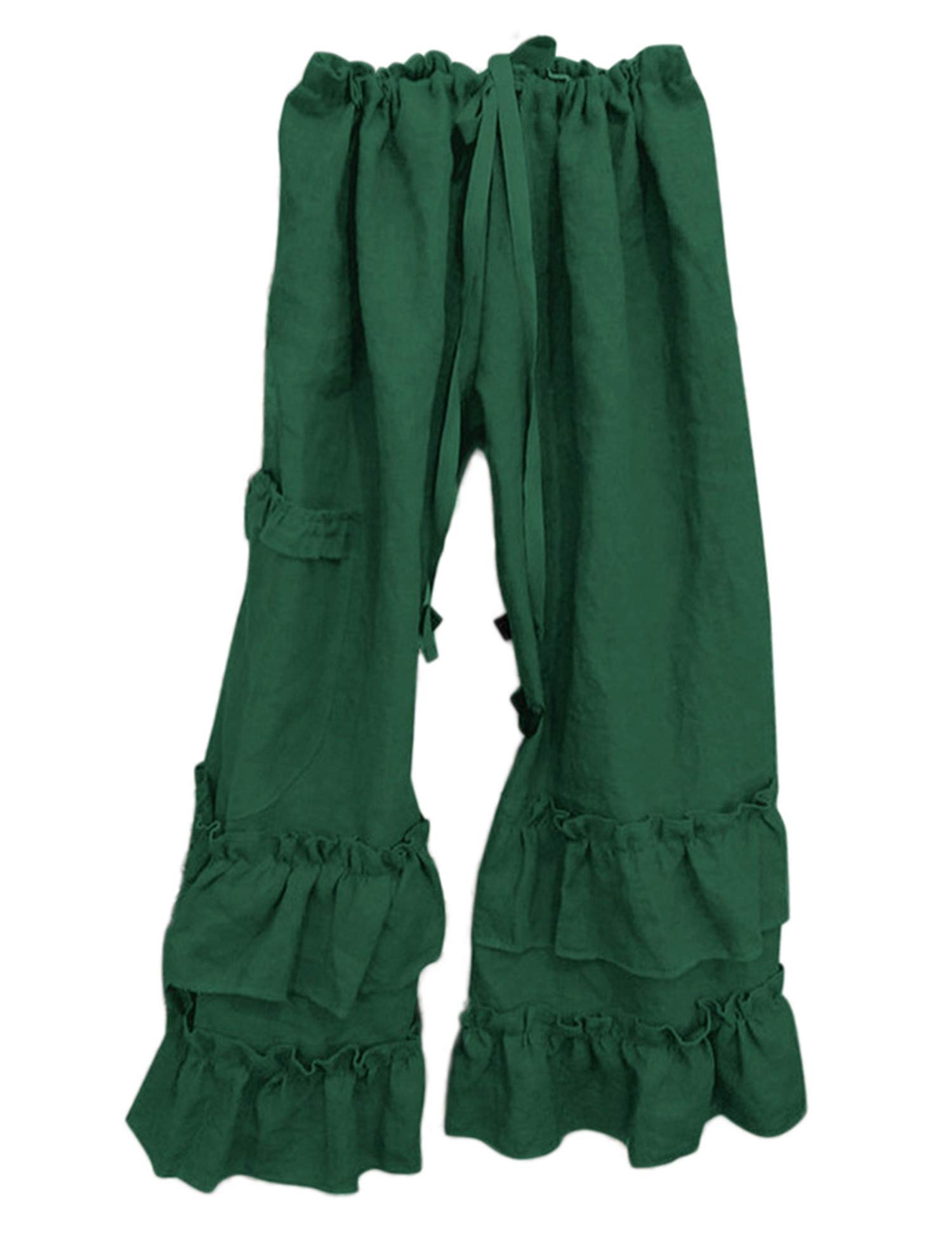 Womens Casual Ruffled Loose Pocket Pants Plus Size Cotton Linen Folds Pants Wide Leg Solid Color Hem Elastic