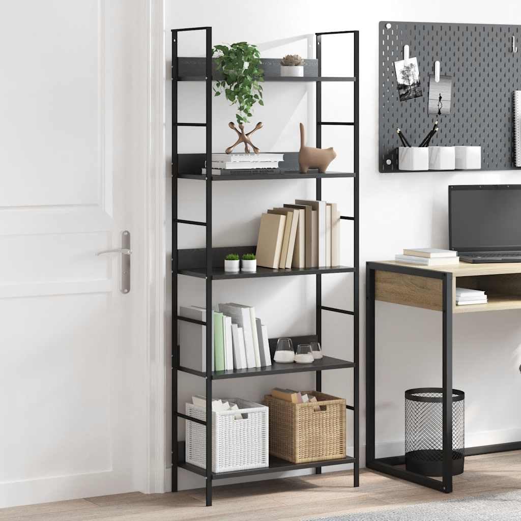 Libreria Scaffale 5 Ripiani Nero Legno Acciaio 60x27,6x158,5cm | Mobile espositore autoportante salvaspazio per soggiorno e veranda con struttura industriale e portata totale di 75 kg.