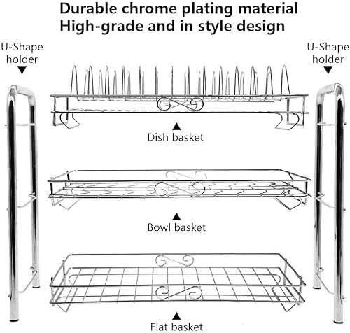 HanYun - Escurridor de platos de 3 niveles de acero inoxidable cromado con soporte para utensilios de cocina, 3 capas