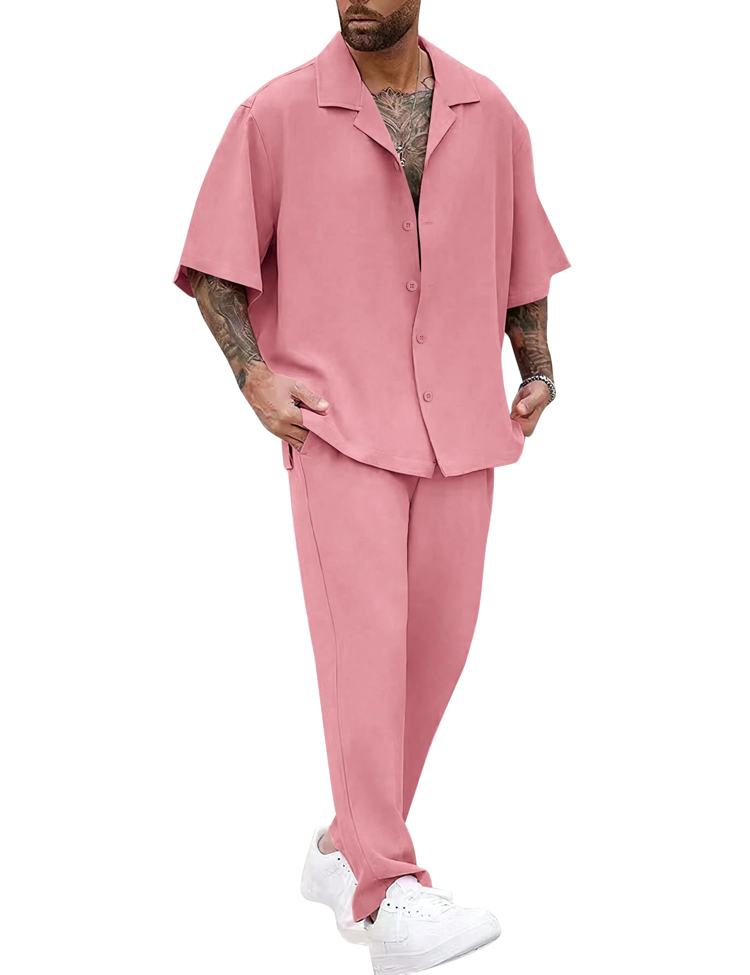 LecGee Men Summer Casual Short Sleeve Pant Sets Solid Button Down Shirt Elastic Pants 2 Piece Outfits Beach
