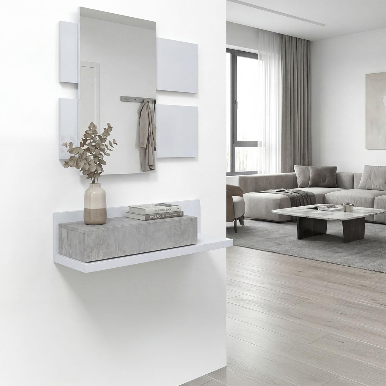 duehome | Recibidor con cajón y Espejo, Mueble de Entrada, Modelo Milo, Acabado en Blanco Artik y Cemento, Medidas: 75 cm (Largo) x 29 cm (Fondo) x 116 cm (Alto)