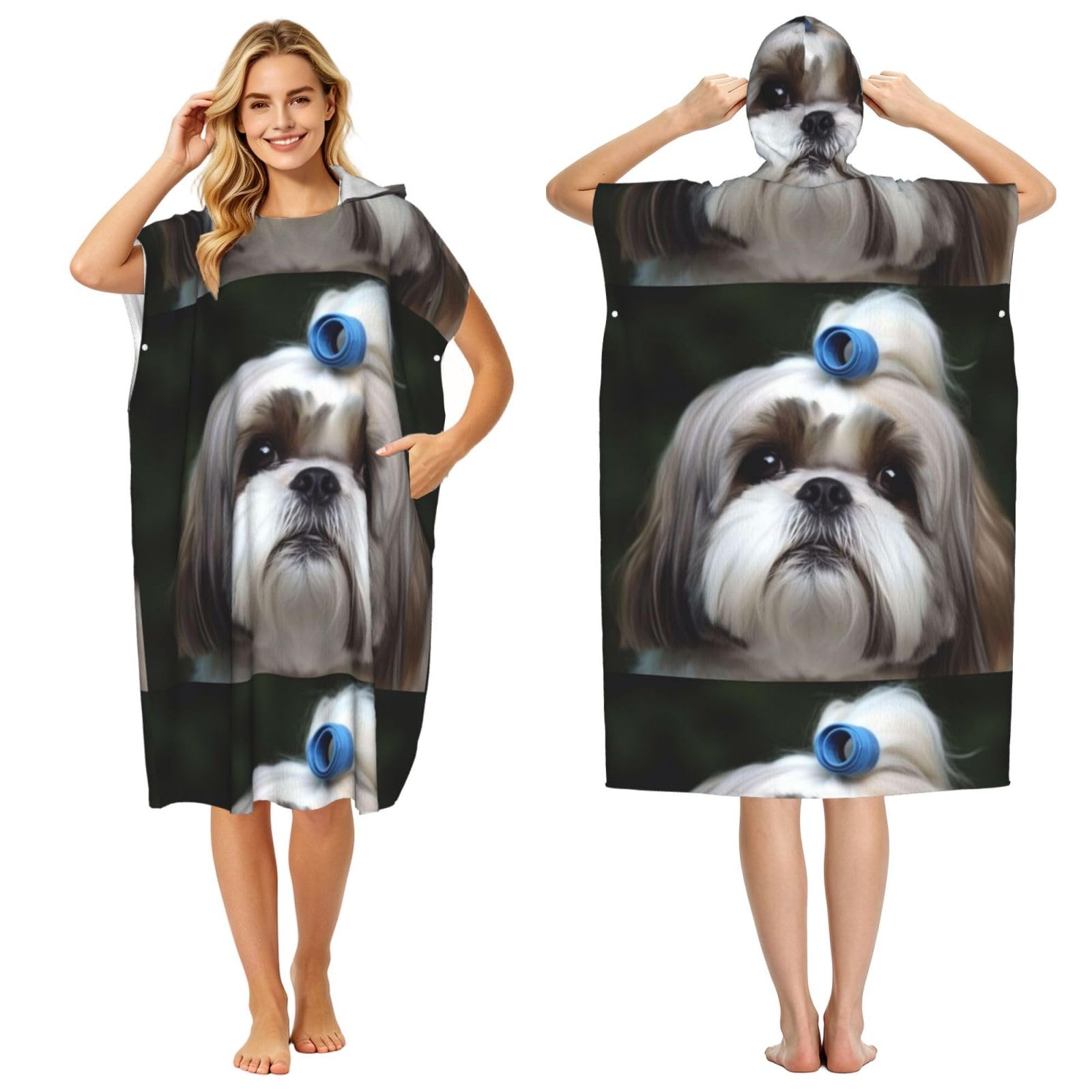 Poadnly Shih Tzu Dog, Adult Hooded Beach Towel 90 x 110 cm,Changing Bath Robe, Surf Poncho Towel For Women Men