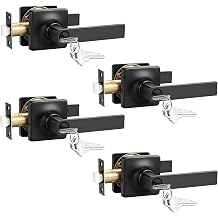 GOBEKOR Keyed Alike Entry Door Handles with Lock and Keys, Matte Black Entry Door Lock Sets for Exterior & Interior Doors, Reversible Door Levers for Office & Home, 4 Pack